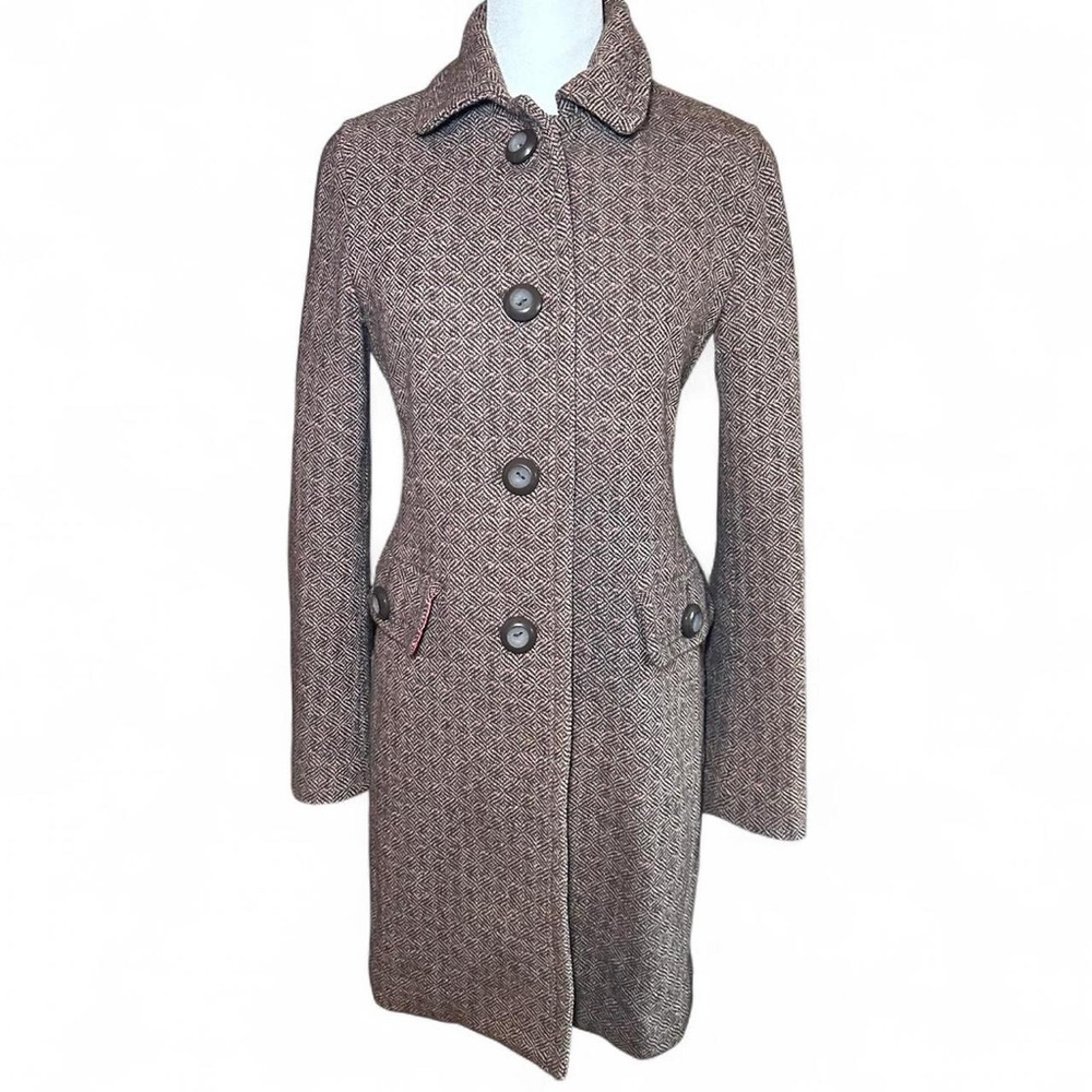 Vintage GAP Brown Pink Wool Herringbone Tailored Trench Coat Academia Old Money